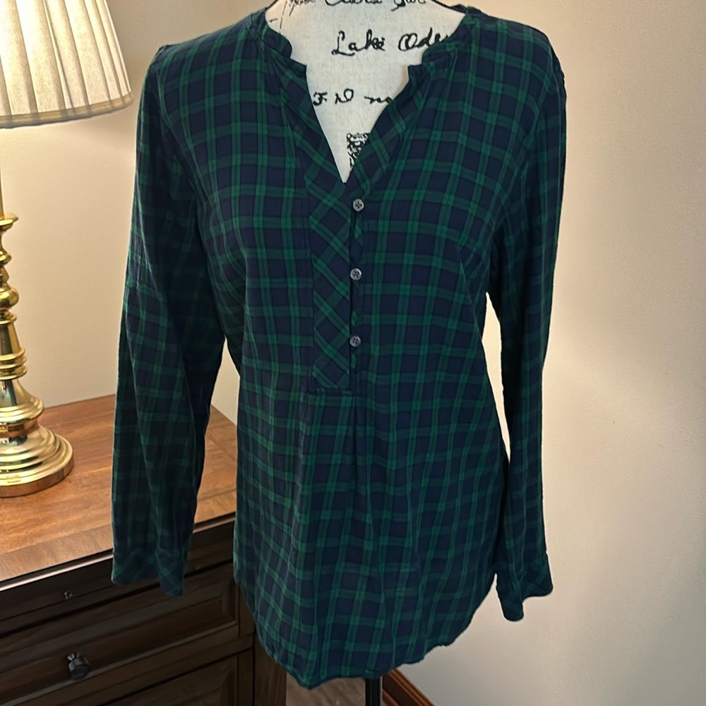 Talbots Blue Green Plaid Tunic Top Shirt L Large Like New